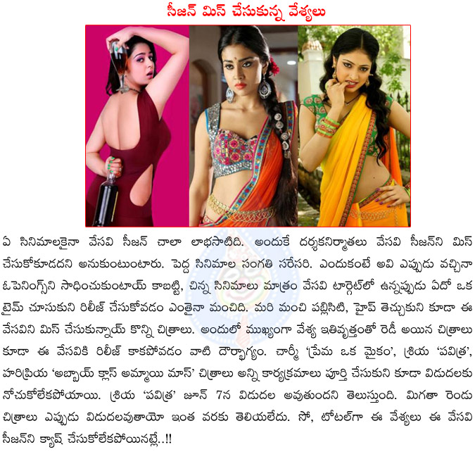 summer season,movies,tollywood,prostitute movies,shriya pavitra movie,haripriya abbai class ammai mass movie,charmi prema oka maikam movie,prostitute heroines miss summer season,shriya,charmi,haripriya  summer season, movies, tollywood, prostitute movies, shriya pavitra movie, haripriya abbai class ammai mass movie, charmi prema oka maikam movie, prostitute heroines miss summer season, shriya, charmi, haripriya